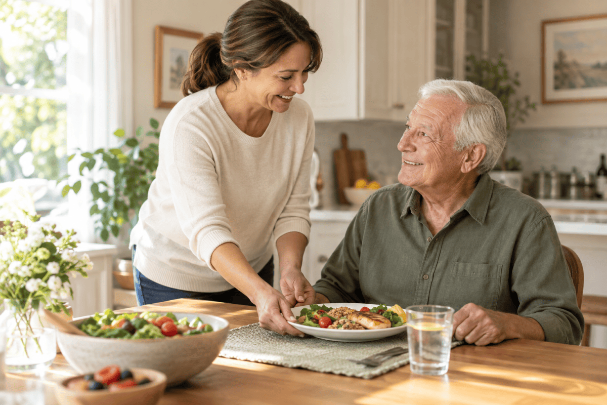 A caregiver serves lunch to an older man at his kitchen table.
