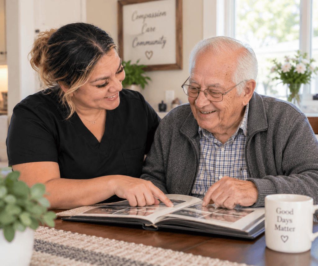 A Good Samaritan Senior Care caregiver and an older gentleman look through a photo album together at home.