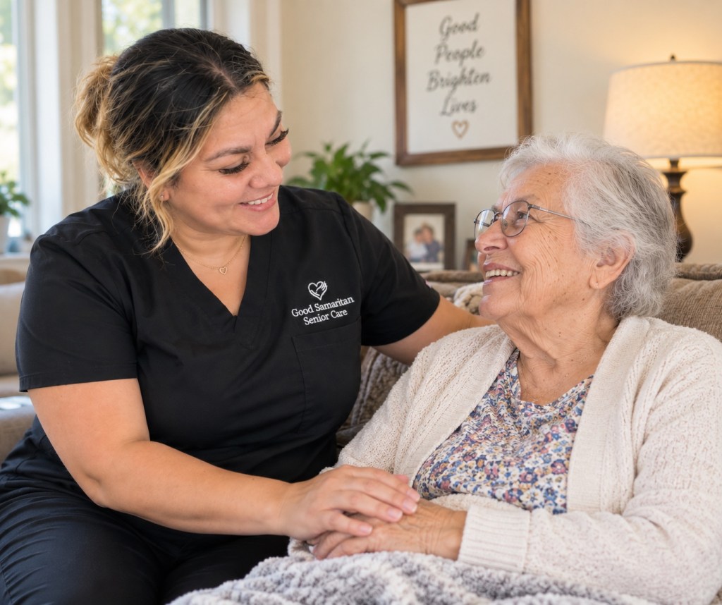 A Good Samaritan Senior Care caregiver shares a warm conversation with an older woman at home.